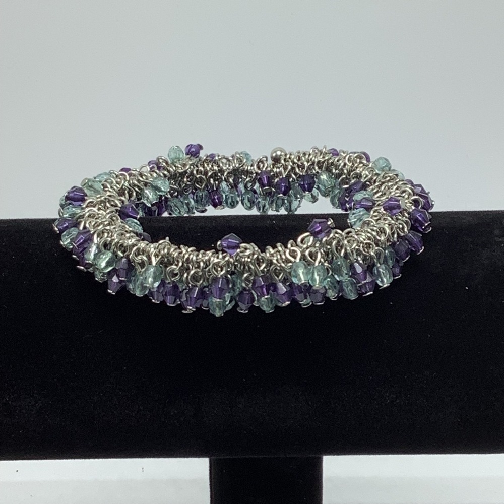 Purple and‎ Teal Beaded Chainmaille Bracelet Open End Silver Tone Wrap